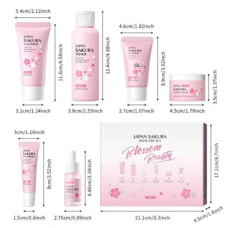 Sakura Skincare 6pcs/Set, Even Skin Tone Serum, Cleanser, Toner, Face Cream, Eye Cream, Smooth Wrinkle, Enhance Radiance Skin Repair Comfort