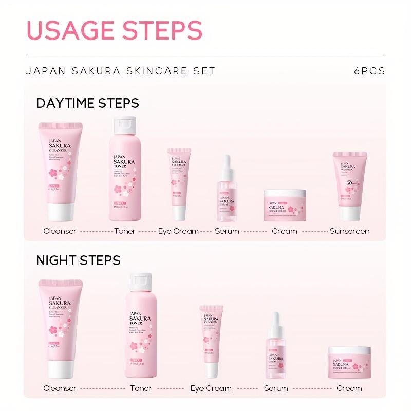 Sakura Skincare 6pcs/Set, Even Skin Tone Serum, Cleanser, Toner, Face Cream, Eye Cream, Smooth Wrinkle, Enhance Radiance Skin Repair Comfort