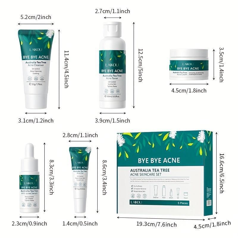 Penjagaan Kulit Pokok Teh, 5pcs / Set, Untuk Kulit Rawan Jerawat, Melicinkan Kawalan Minyak, Pembersih Serum Toner, Set Krim Muka, Hadiah