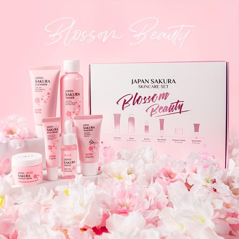 Sakura Skincare 6pcs/Set, Even Skin Tone Serum, Cleanser, Toner, Face Cream, Eye Cream, Smooth Wrinkle, Enhance Radiance Skin Repair Comfort