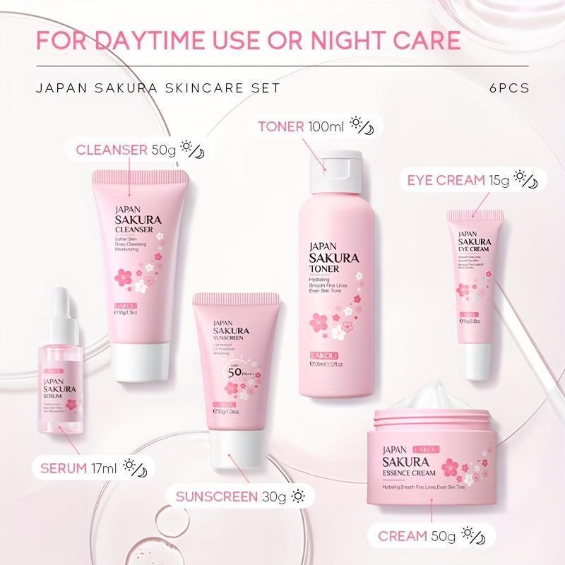 Sakura Skincare 6pcs/Set, Even Skin Tone Serum, Cleanser, Toner, Face Cream, Eye Cream, Smooth Wrinkle, Enhance Radiance Skin Repair Comfort