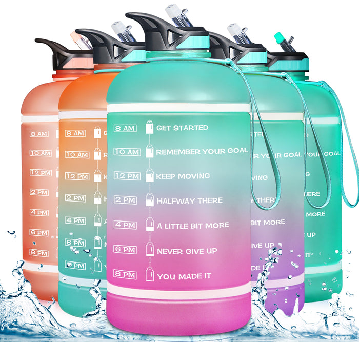 2.2/3.78L Gallon Water Bottle with Time Marker & Straw, Motivational Water Jug BPA Free Leakproof Large Water Bottles Gym